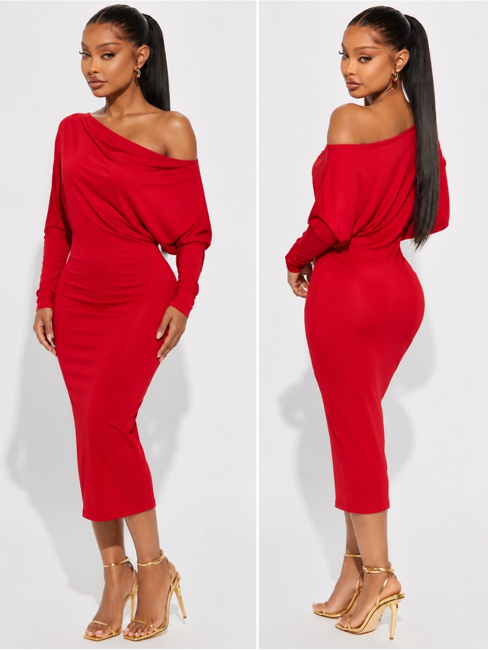 Fashion Nova Very Classy Off Shoulder Midi Dress Red NWT Size Small